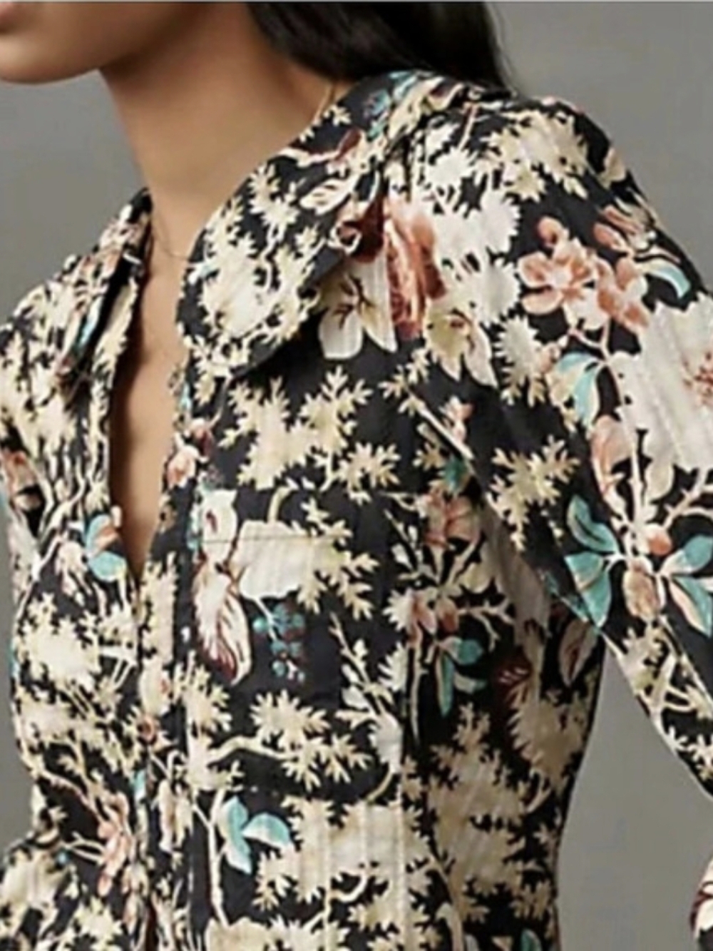 Pilcro Keira Floral Ruffle Collar Blouse Black Cotton L